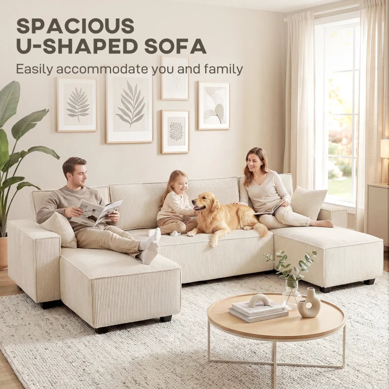 HOMCOM Modern U-Shaped Modular Sectional Sofa with Dual Chaise Lounges, Pocket Spring Cushions & Throw Pillows – Beige
