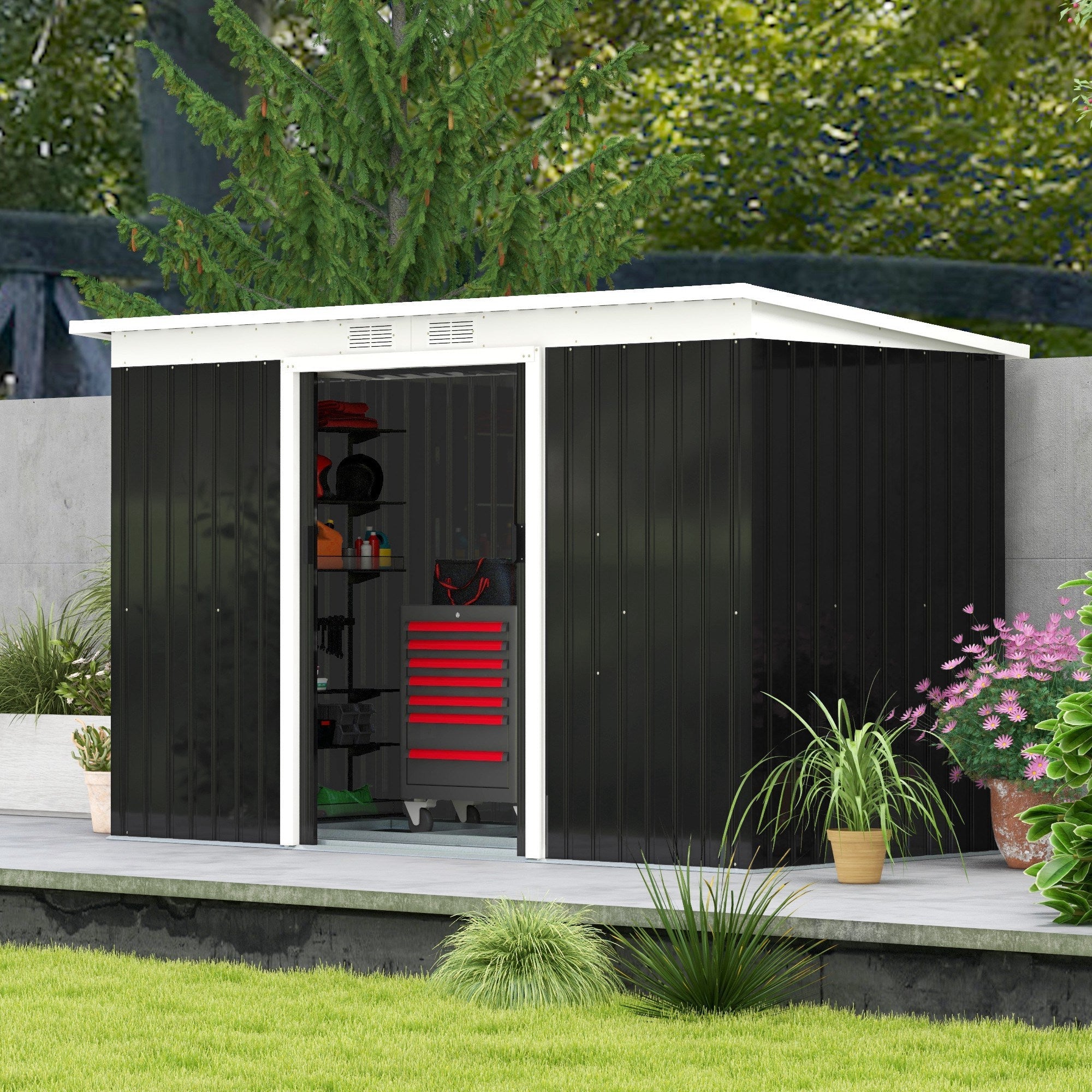Outsunny Metal Garden Storage Shed 9' x 4' with Sliding Door Spacious Backyard Tool House Dark Gray
