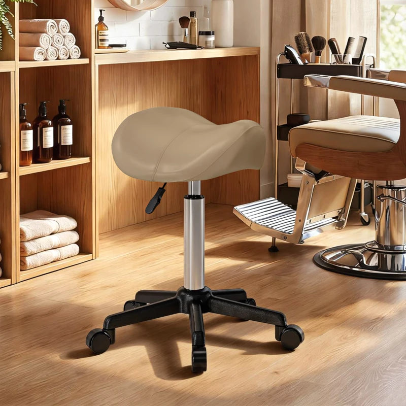 Rolling Salon Stool, PU Leather Swivel Saddle Chair, Adjustable Height Stool with Wheels for Spa, Salon, Office, Brown