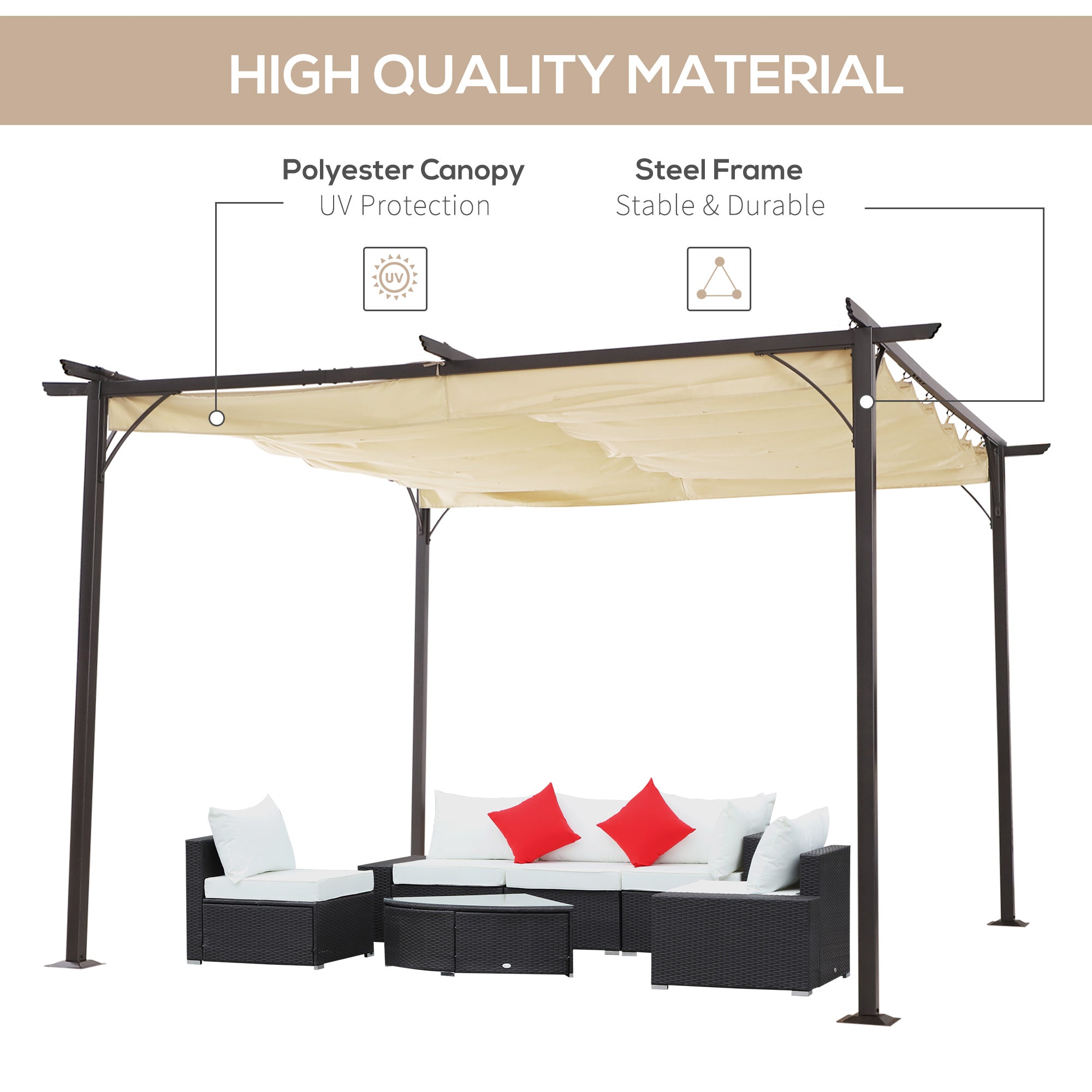 Outsunny 11.5' Pergola Retractable Gazebo Shade Deck Shelter with Steel Frame, Polyester Square Canopy, Beige