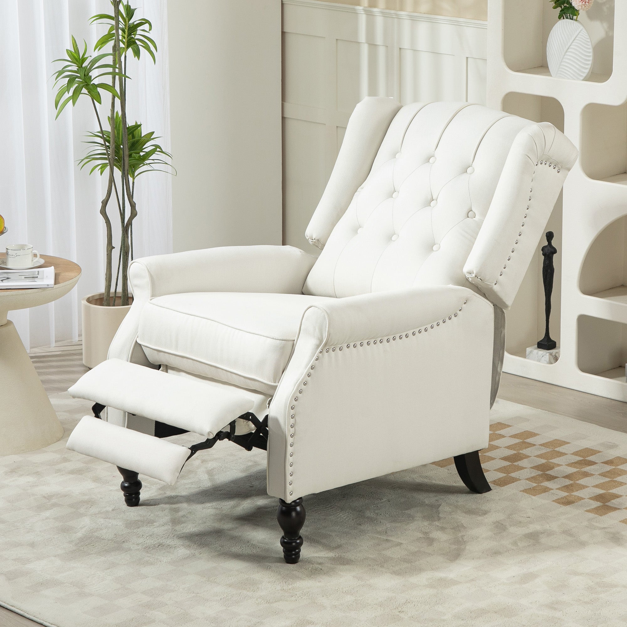 HOMCOM Wingback Reclining Chair with Footrest, Button Tufted Recliner Chair with Rolled Armrests for Living Room, Cream White