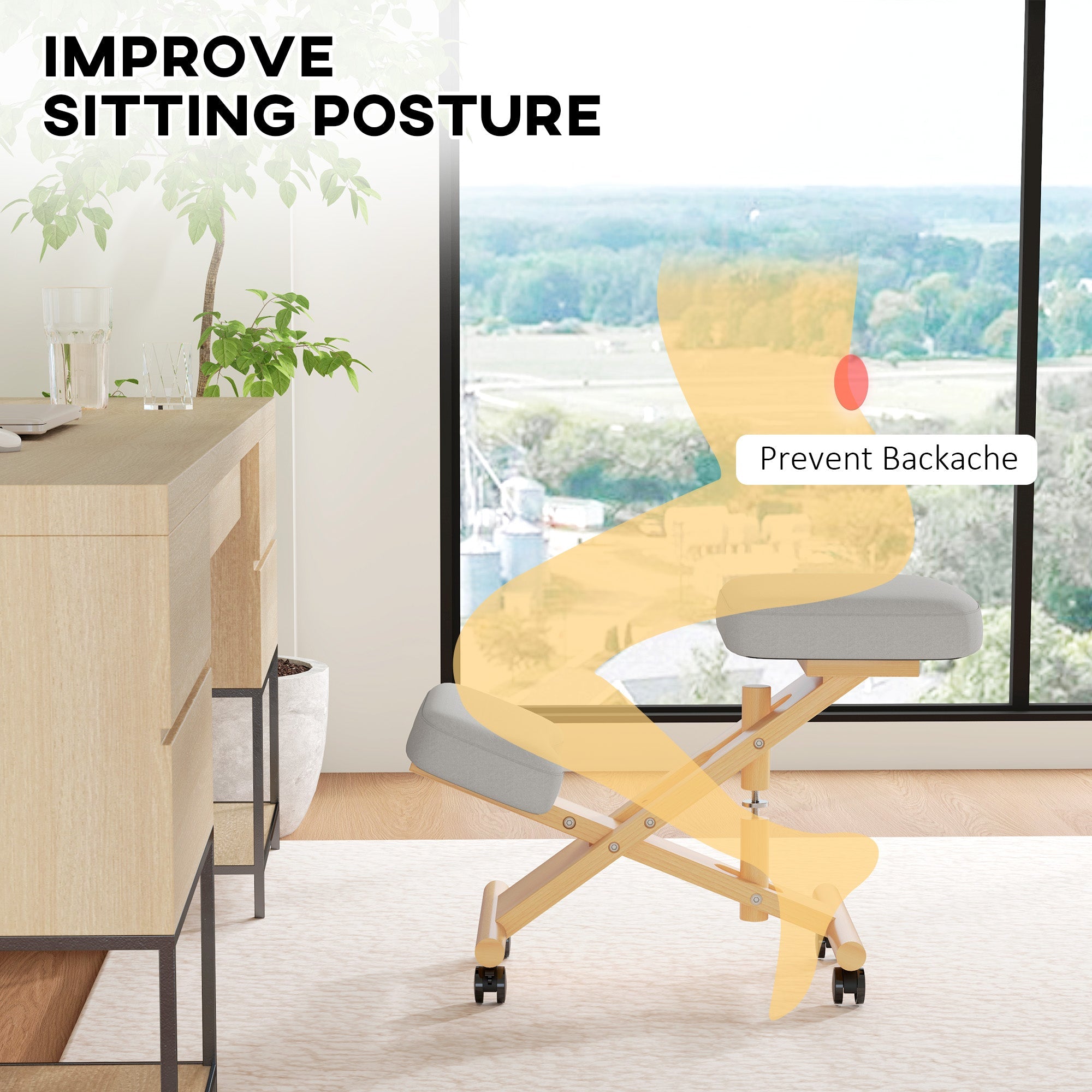 HOMCOM Ergonomic Kneeling Chair, Adjustable Wood Knee Stool with Cushion for Home, Posture Knee Chair with Casters, Cream White