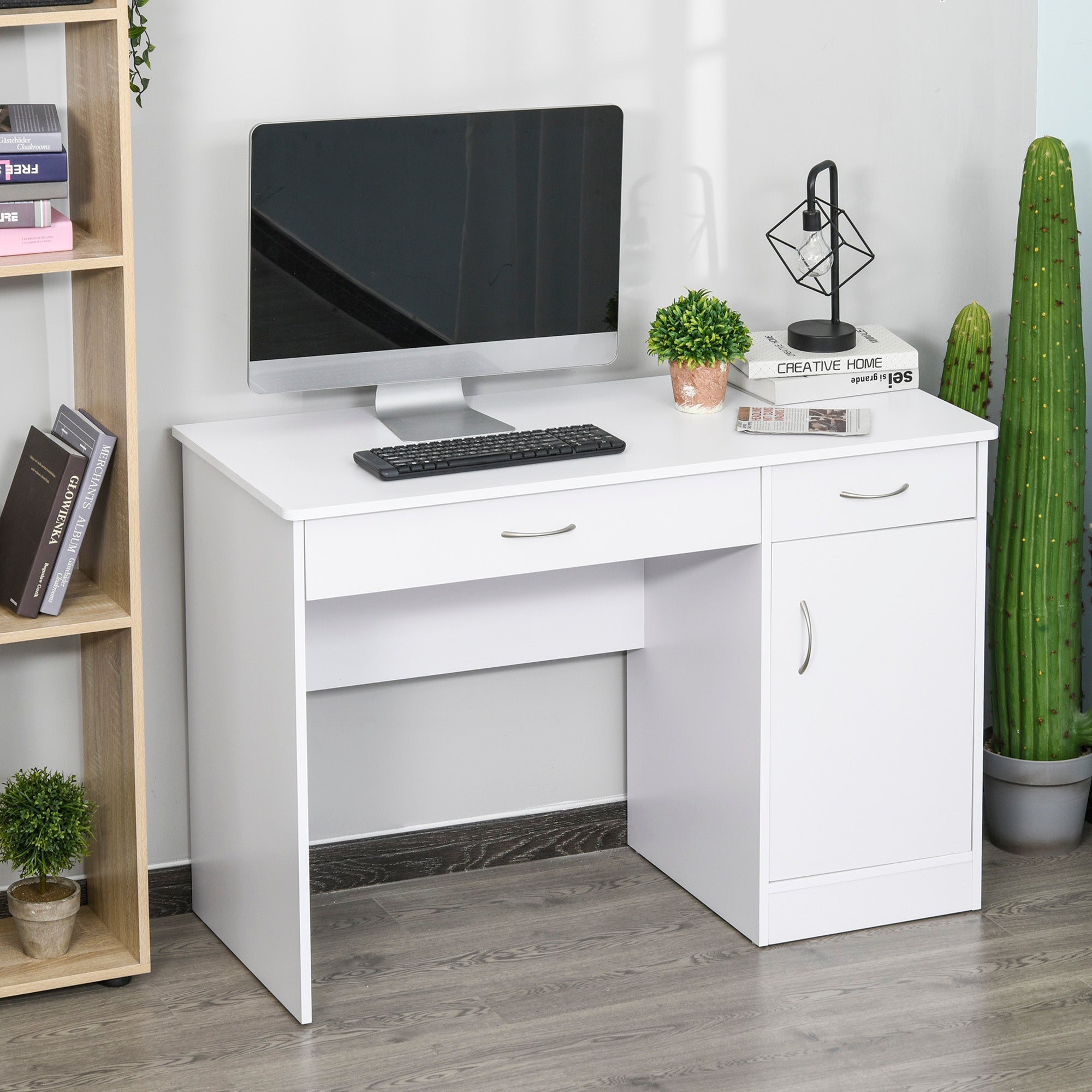 HOMCOM White Writing Desk with Drawers & Locker for Home Office Study Workstation Table