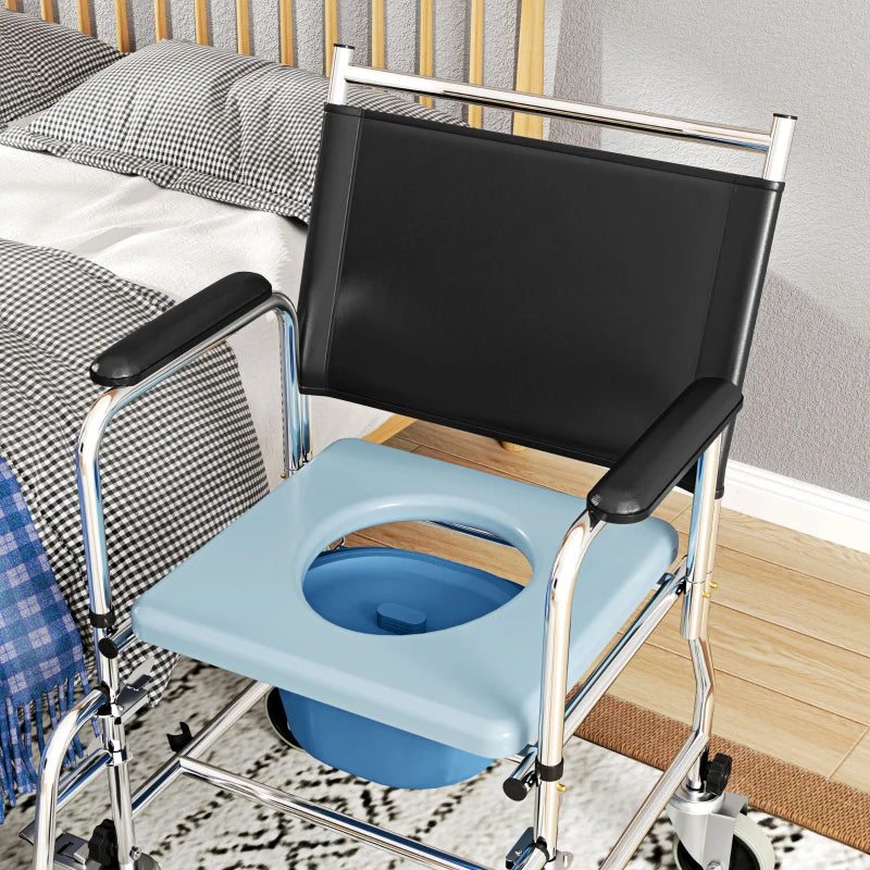 Rolling Shower Chair, Bedside Commode Wheelchair with Padded Seat, Backrest, for Seniors, Disabled, 300 lbs, Black