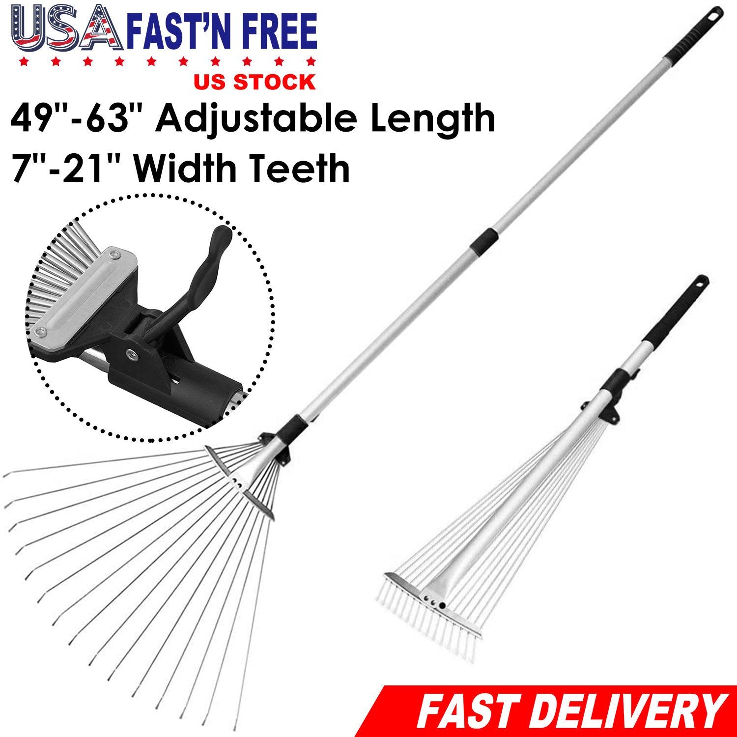 63in Adjustable Garden Leaf Rake 15 Teeth Expanding Stainless Steel Rake For Quick Clean Lawn Yard Garden w/ 7-21inch Teeth Width Folding Head