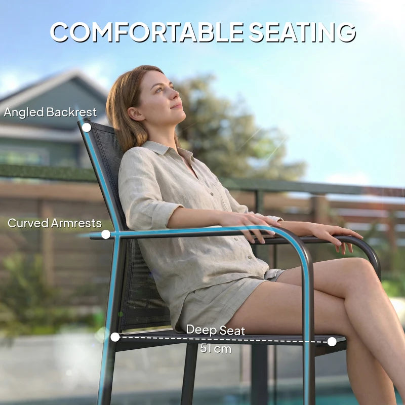 Stackable Patio Chairs Set of 4, Outdoor Dining Chairs with 20" Deep Seat, All Weather Breathable Mesh, Armrests, Black