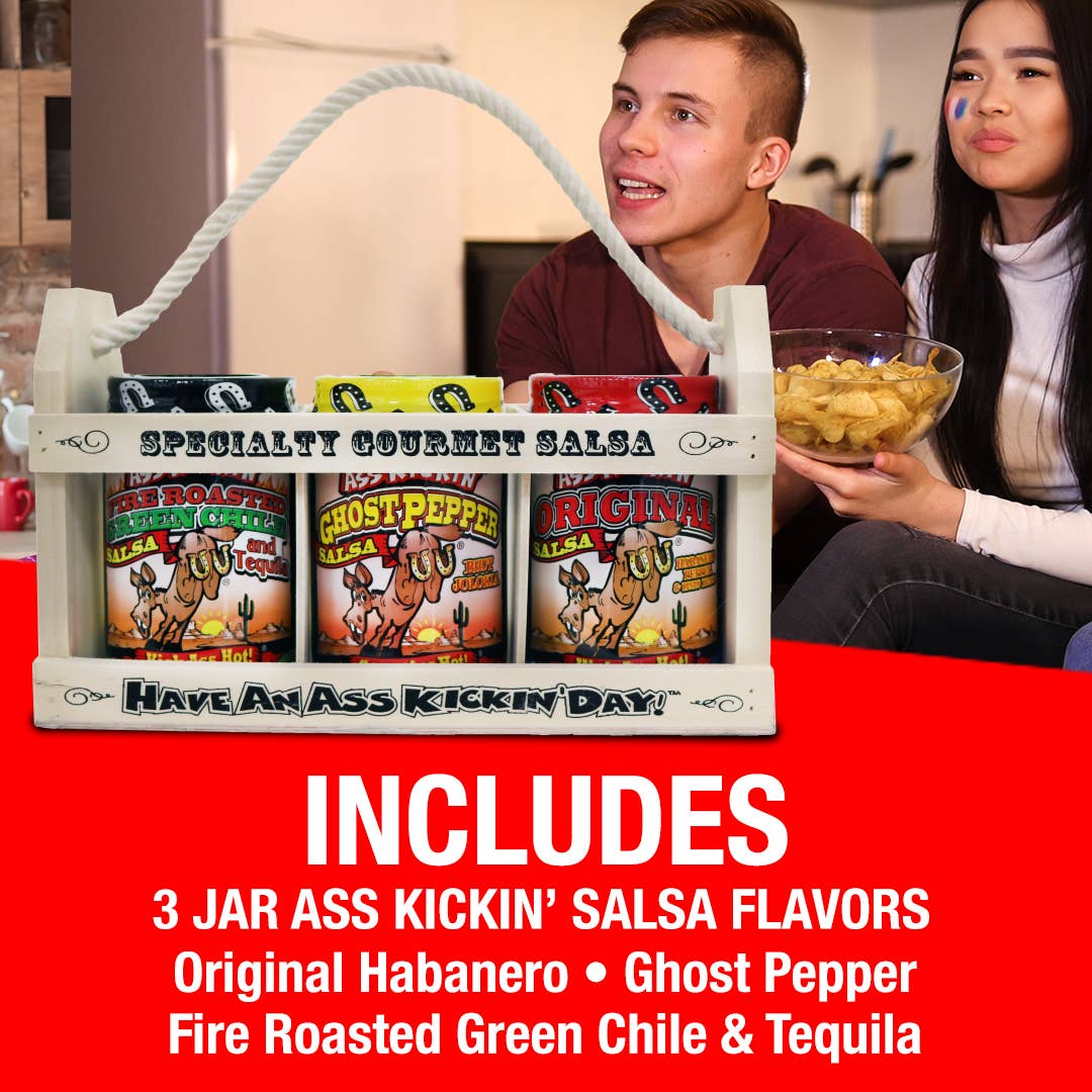 Ass Kickin’ Salsa Wooden Crate Gift Set: Three Jars of 13 oz. (384mL) Ass Kickin’ Salsa.• Ass Kickin’ Original Salsa• Ass Kickin’ Margarita Salsa (Mild)• Ass Kickin’ Roasted Garlic Salsa