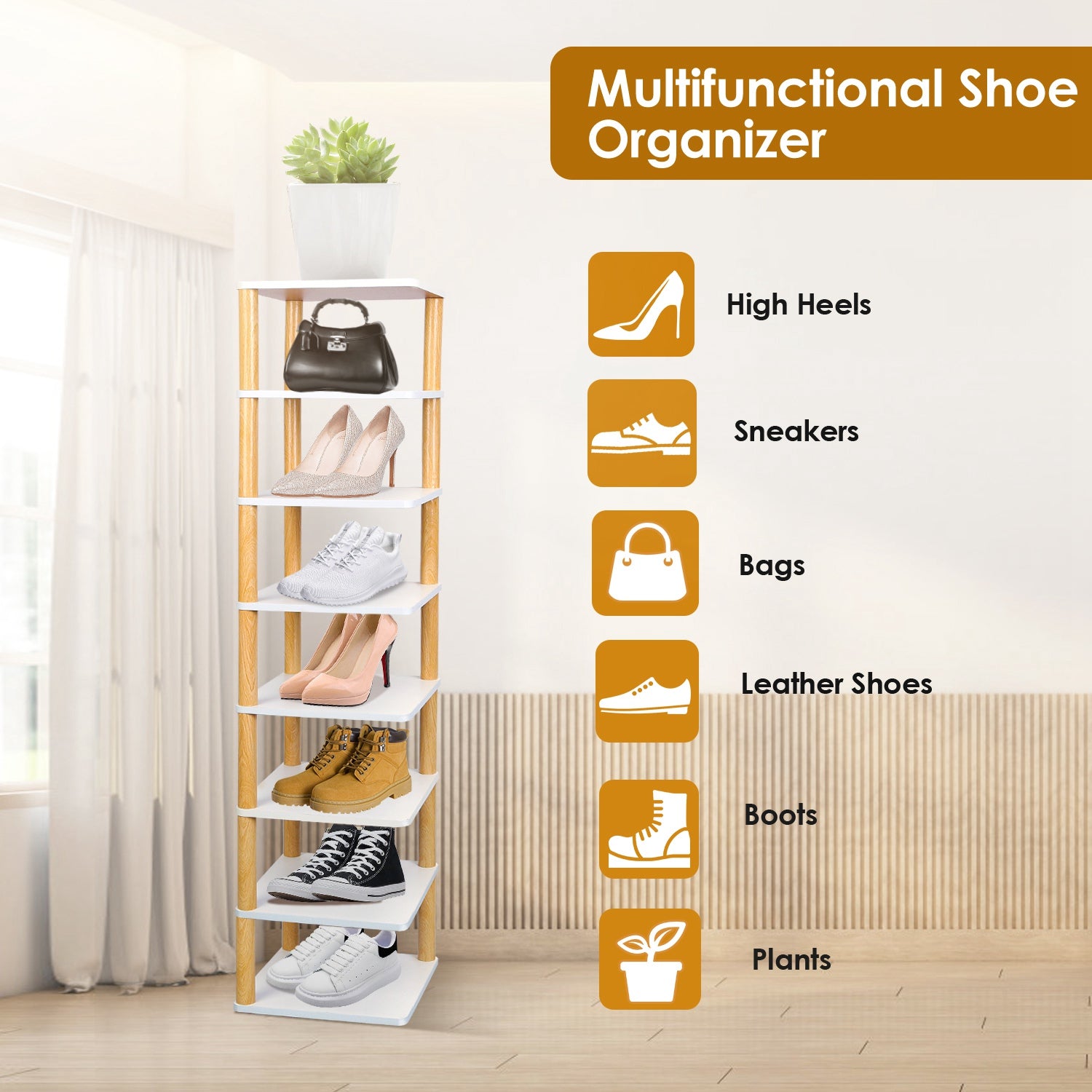 8 Tier Entryway Wooden Shoe Rack Vertical Shoe Shelf Stand Storage Organizer Small Space Saving Corner Shoe Tower Entryway Hallway Closet