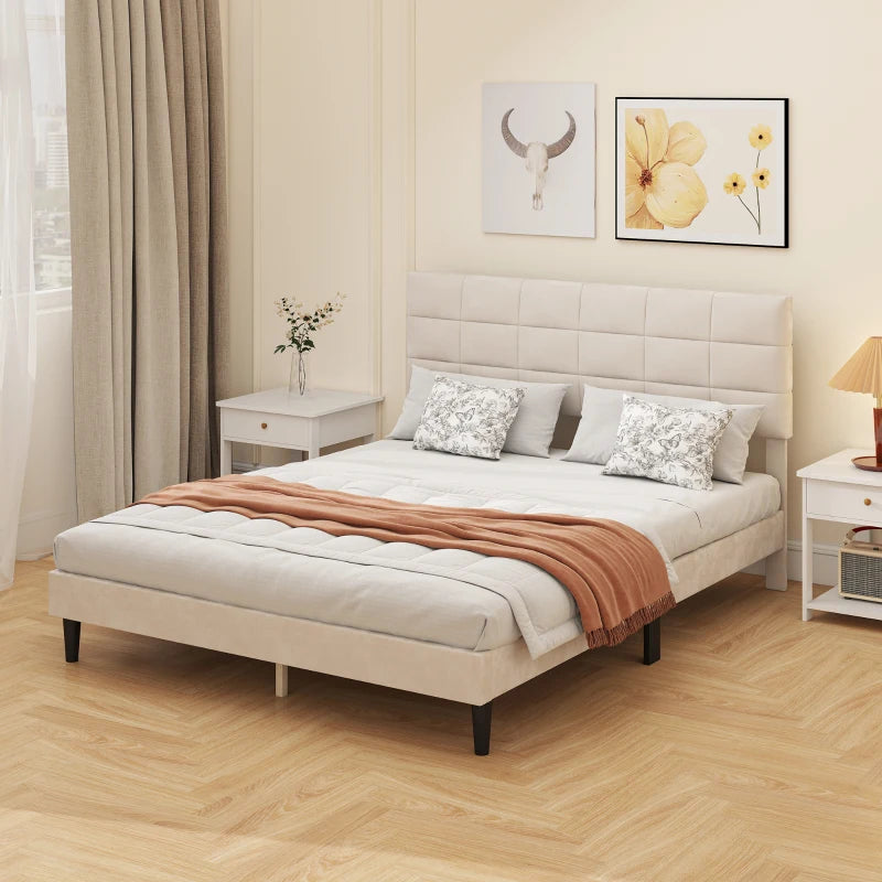 Queen Size Bed Frame with Upholstered Headboard, Modern Platform Bed Frame with Wood Slats, 1100 lbs Capacity, Cream