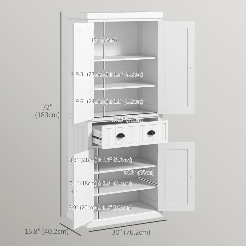 72" Kitchen Pantry, Freestanding Storage Cabinet with Adjustable Shelves, Drawer, Doors, Anti-tip Design, White
