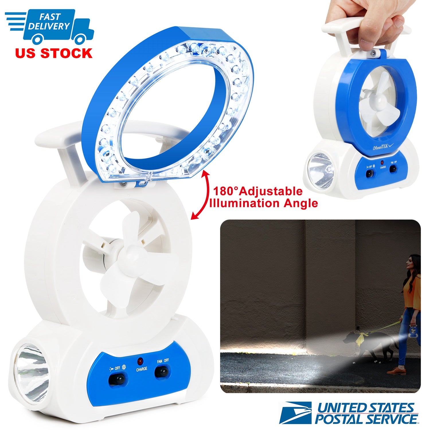 Desk Cooling Fan w/180°Adjustable LED Lamp Baby Stroller Fan Emergency Flashlight Torch for Household Camping Traveling