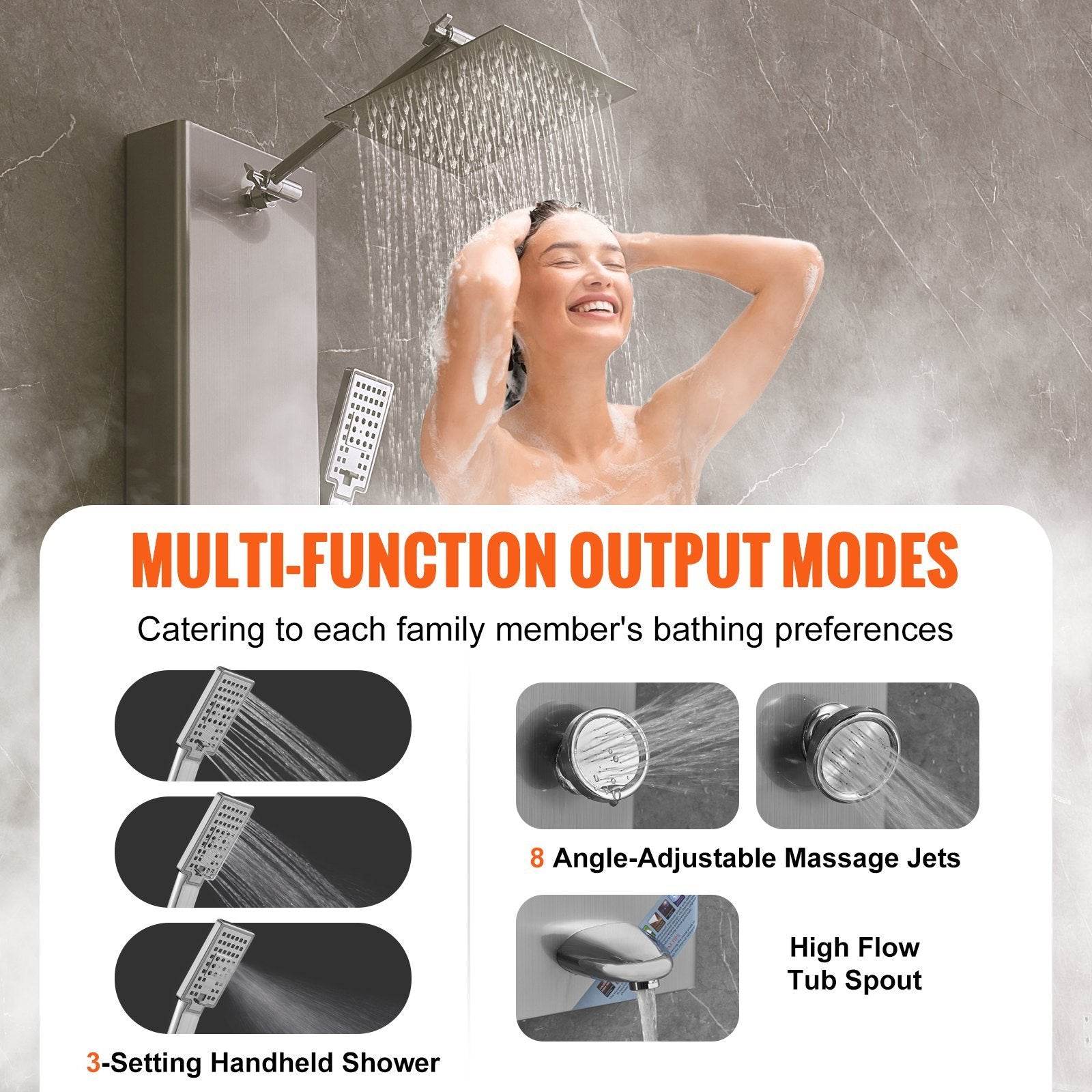 Shower Panel System, 5 Shower Modes, Digital Display Shower Panel Tower, Rainfall, 8 Massage Jets, Tub Spout, 3-Setting Handheld Shower Head 59 Hose, Stainless Steel Wall-Mounted Shower Set