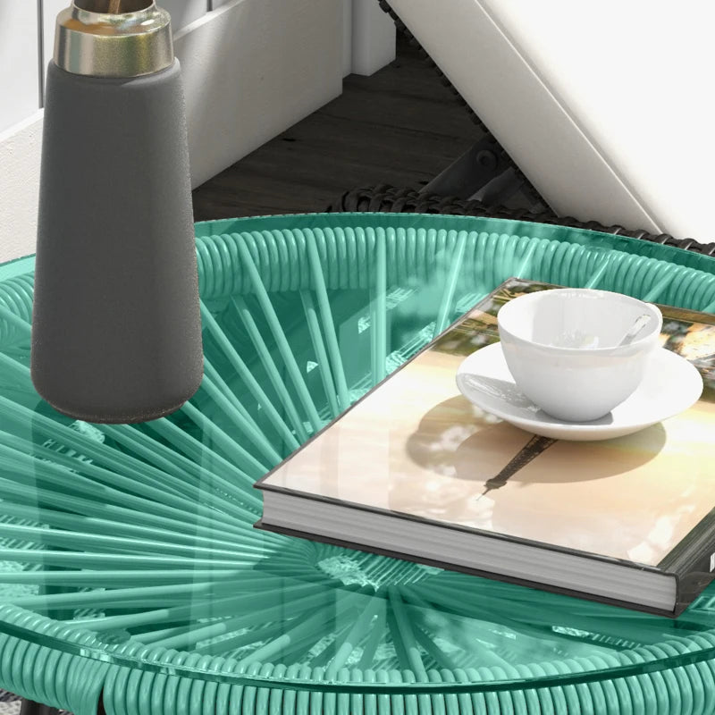 Rattan Side Table, Round Outdoor Table, with Round PE Rattan and Tempered Glass Table Top for Patio, Garden, Light Green
