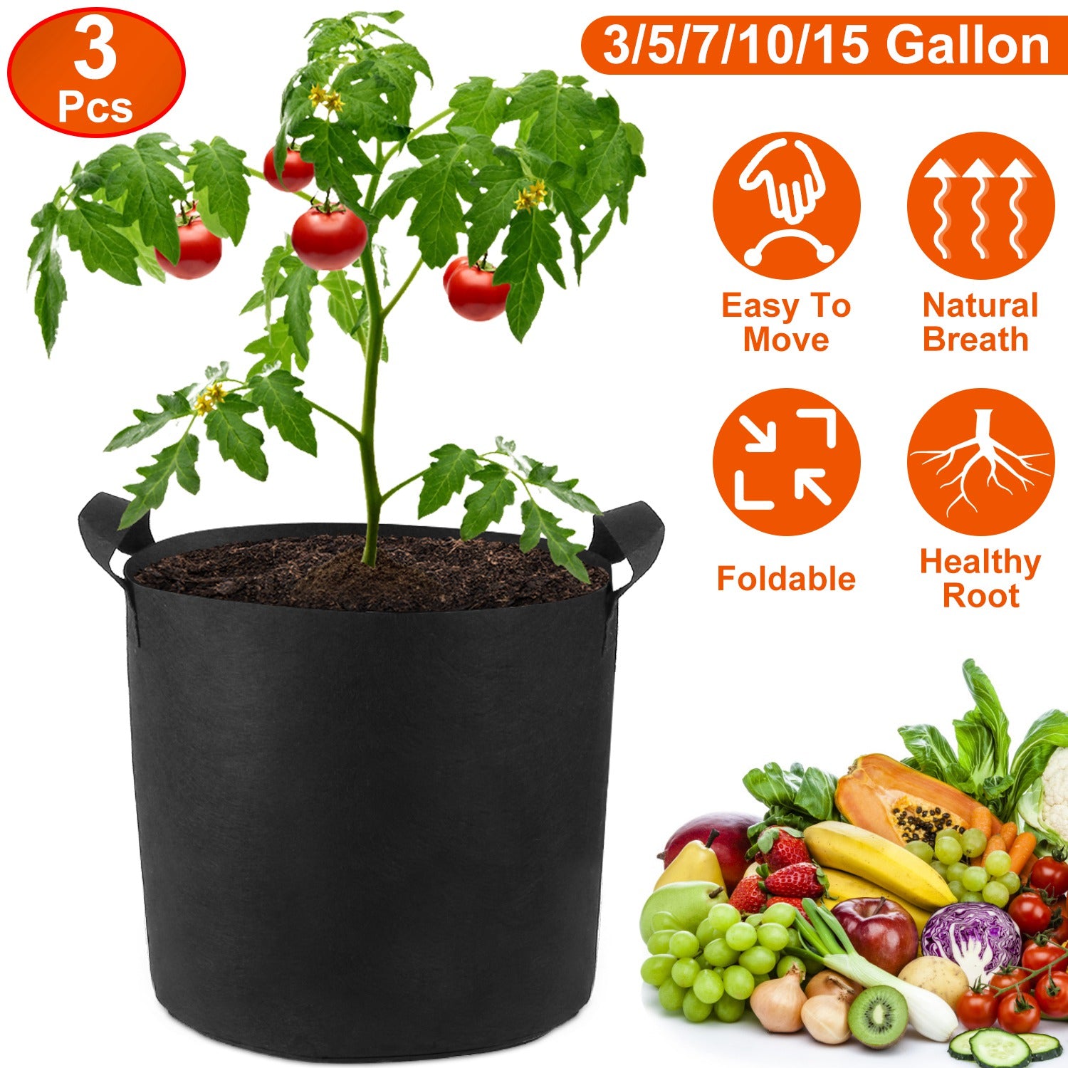 3 Pack Plant Grow Bags Potato Vegetable Planter Bags Breathable Planting Fabric Pots 3Gallons