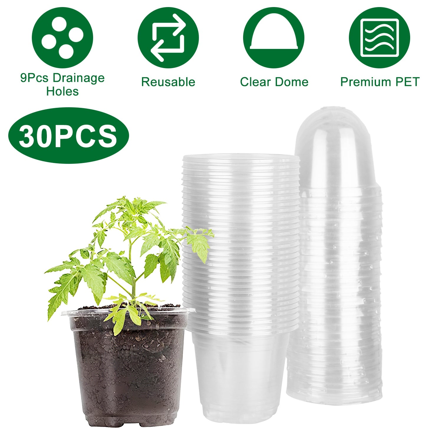 30Pcs Plant Nursery Pots PET Flower Seed Starting Pots Container with Dome with Drainage Holes