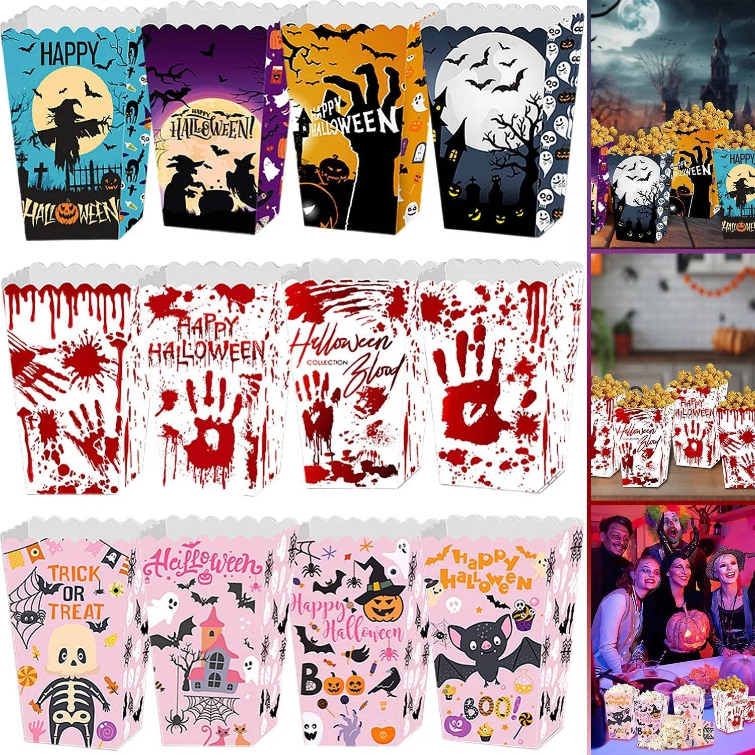 12Pcs Halloween Popcorn Box 3 Style Trick Or Treating Snack Treat Box Bloodstain Ghost Castle Bat Pattern Candy Cookie Container For Halloween Party Supplies