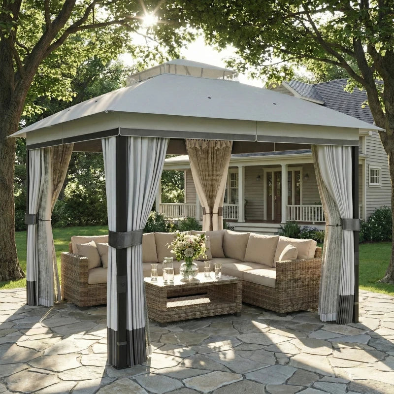 10' x 10' Patio Gazebo with Double Roof, Mesh Netting & Curtains, Steel Frame Outdoor Garden Gazebo, Light Grey