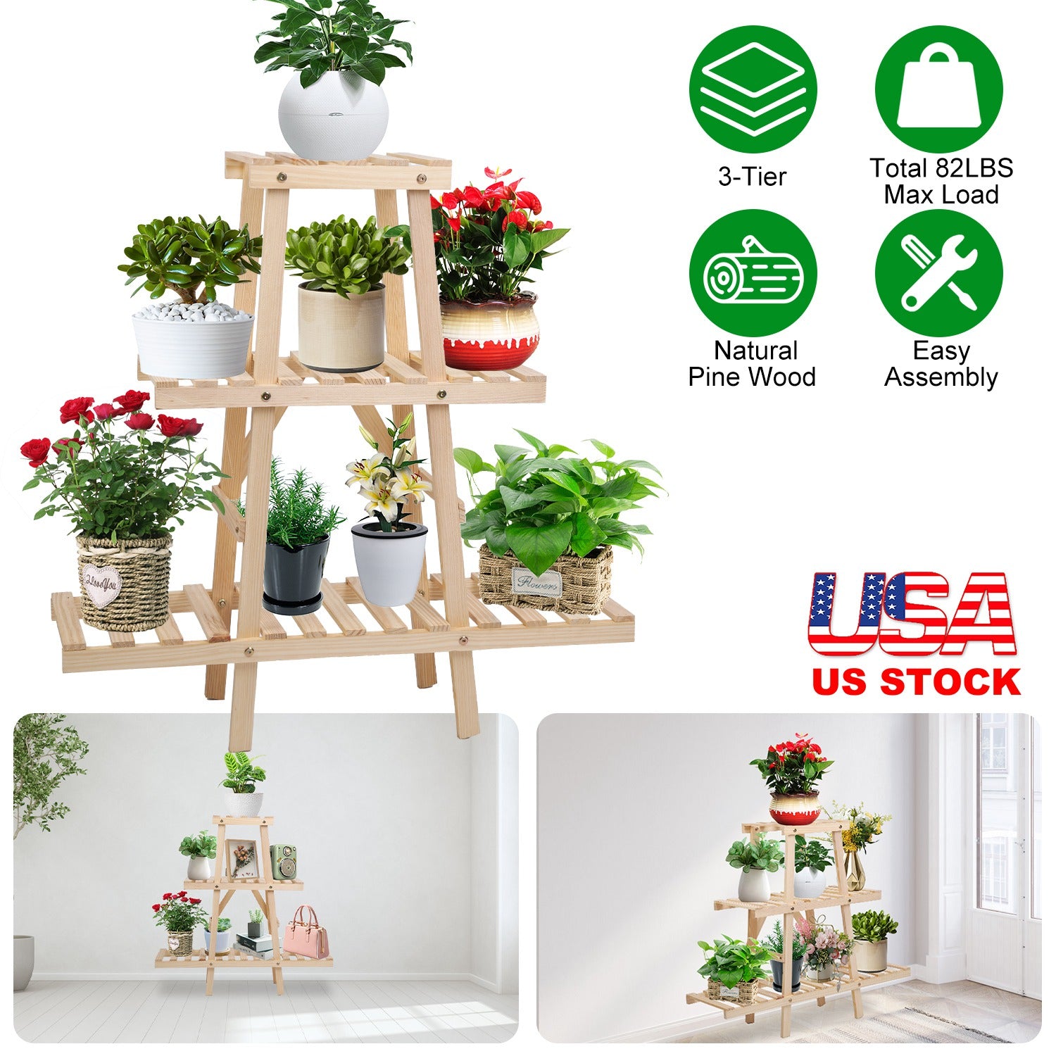 Wooden Plant Stand 3-Tier Potted Flower Shelf Multi-tier Flower Pot Rack Holder Triangle Ladder Plant Vase Display Rack 82lbs Max Load for Indoor Pati