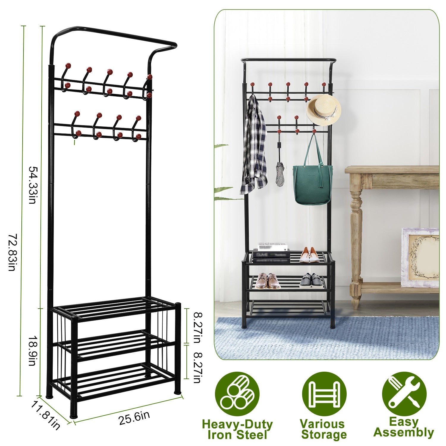 Metal Entryway Coat Shoe Rack Hall Tree w/ 3-Tier Shoe Bench Shoe Storage 18 Hooks Coat Hat Rack
