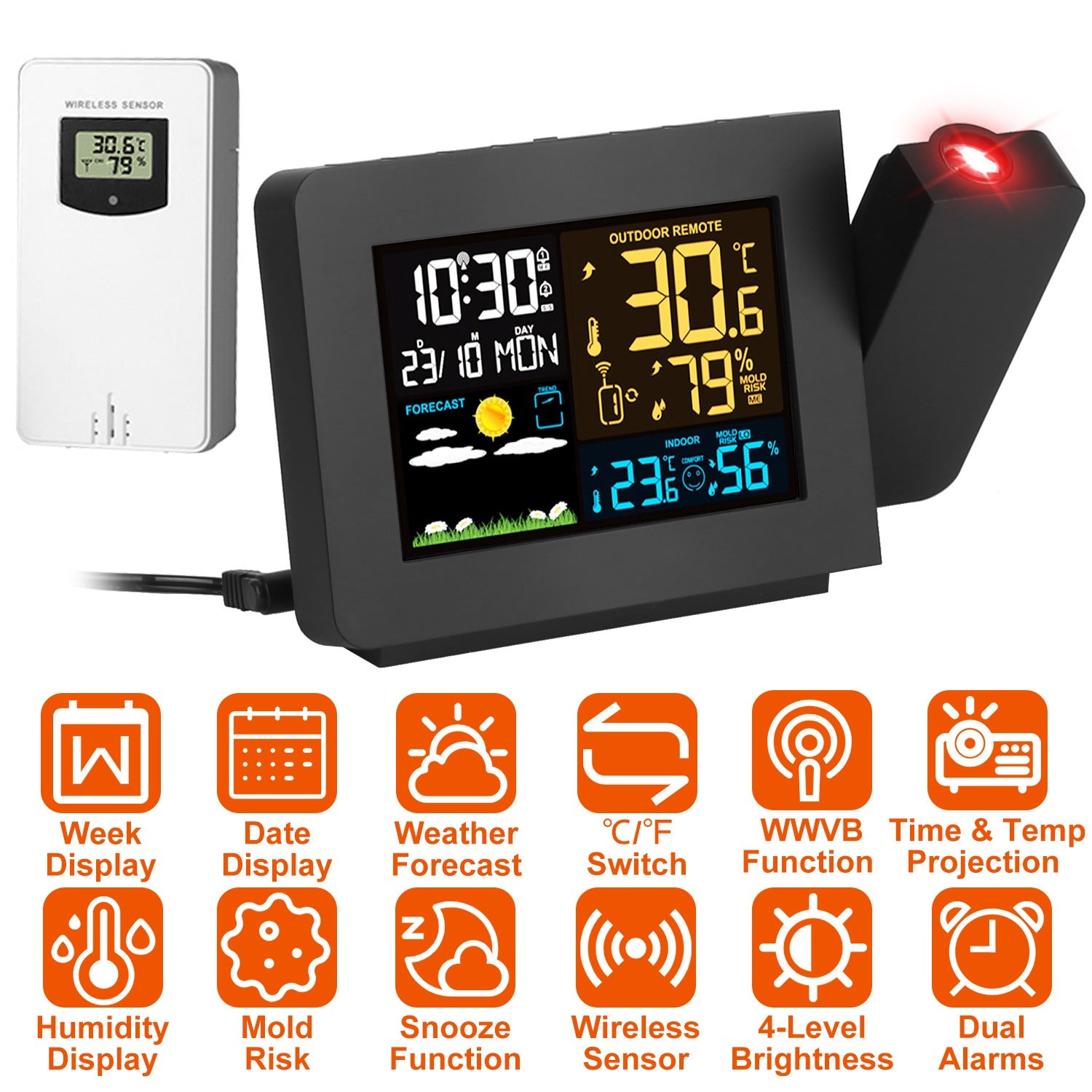 Atomic Projection Alarm Clock Radio Control Clock with WWVB Function Weather Station Dual Alarms Snooze Outdoor Wireless Temperature Humidity Sensor