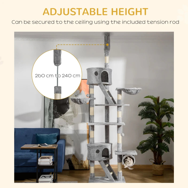 94"-102" Huge Cat Tree Ceiling High Cat Condo Scratching Post Activity Center Multi-Level Play House Light Grey