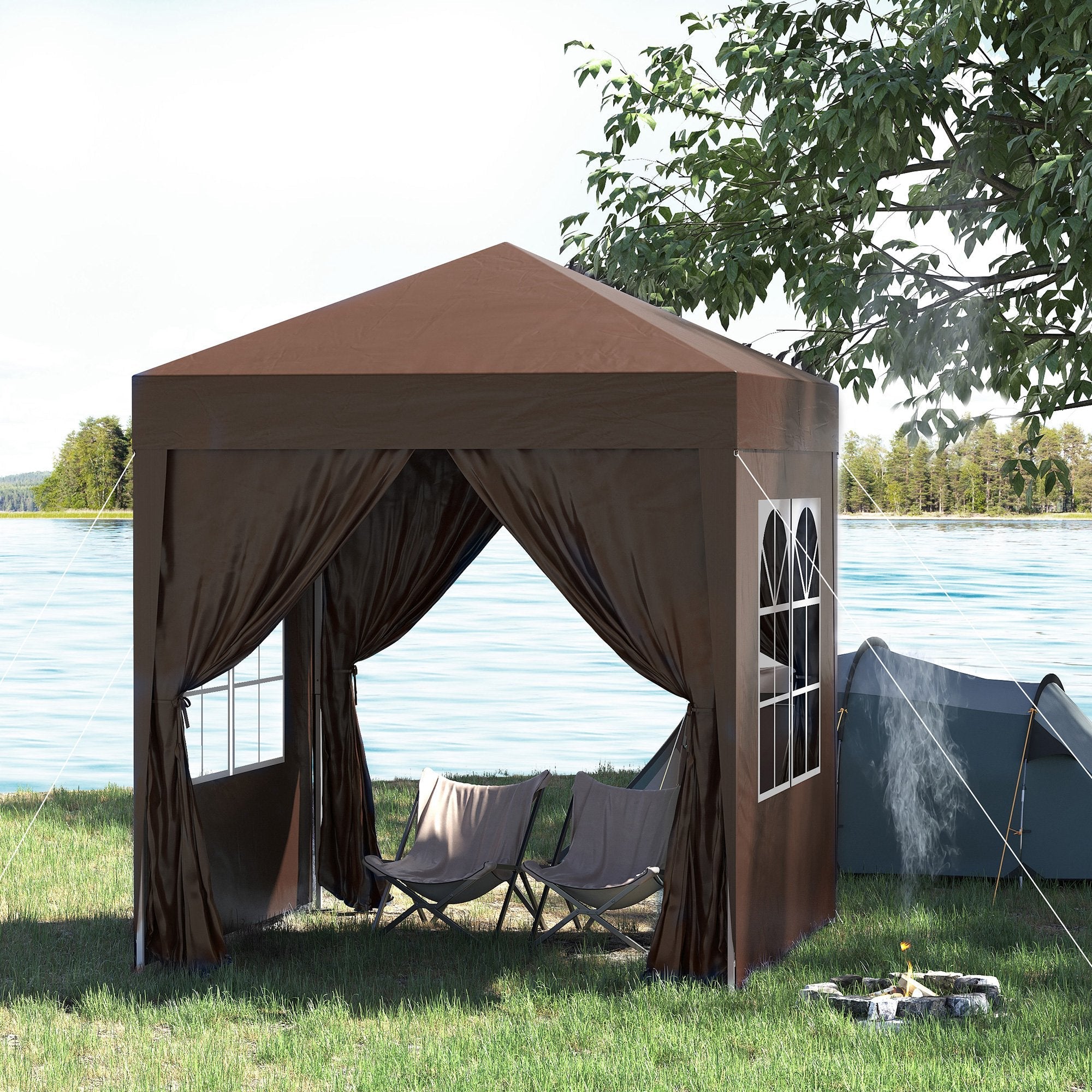 Outsunny 6.6x6.6ft Pop Up Party Tent Outdoor Folding Gazebo Canopy with Side Walls Brown