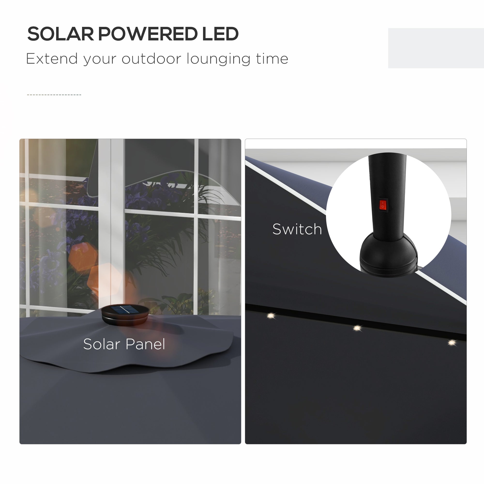 Outsunny Solar Patio Umbrella with LED and Tilt, Outdoor Market Table Umbrella Parasol with Crank, 10 x 10 ft, Dark Grey