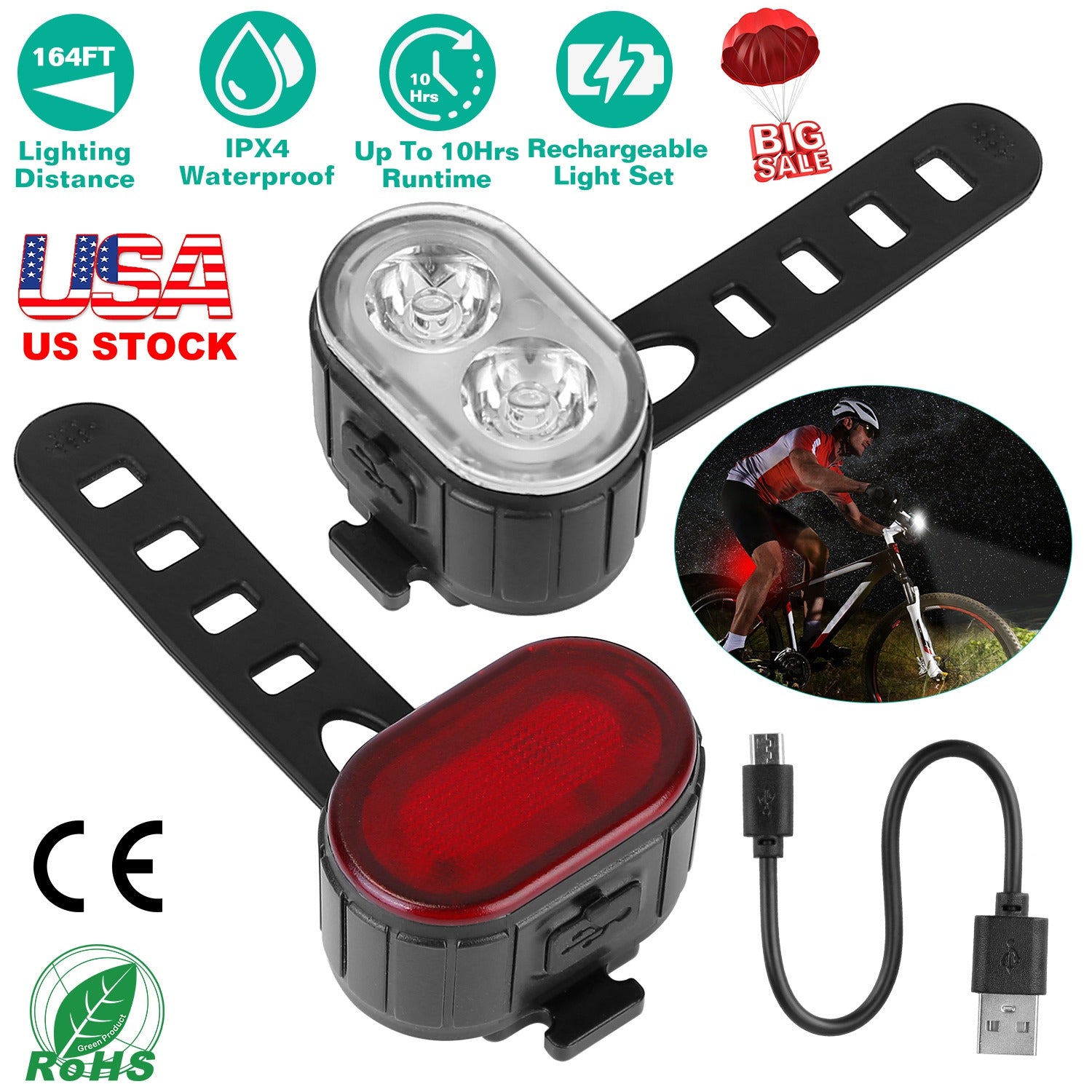 Bike Headlight Taillight Set USB Rechargeable Bicycle Safety Lamp IPX4 Waterproof Bicycle LED Front Light Taillight