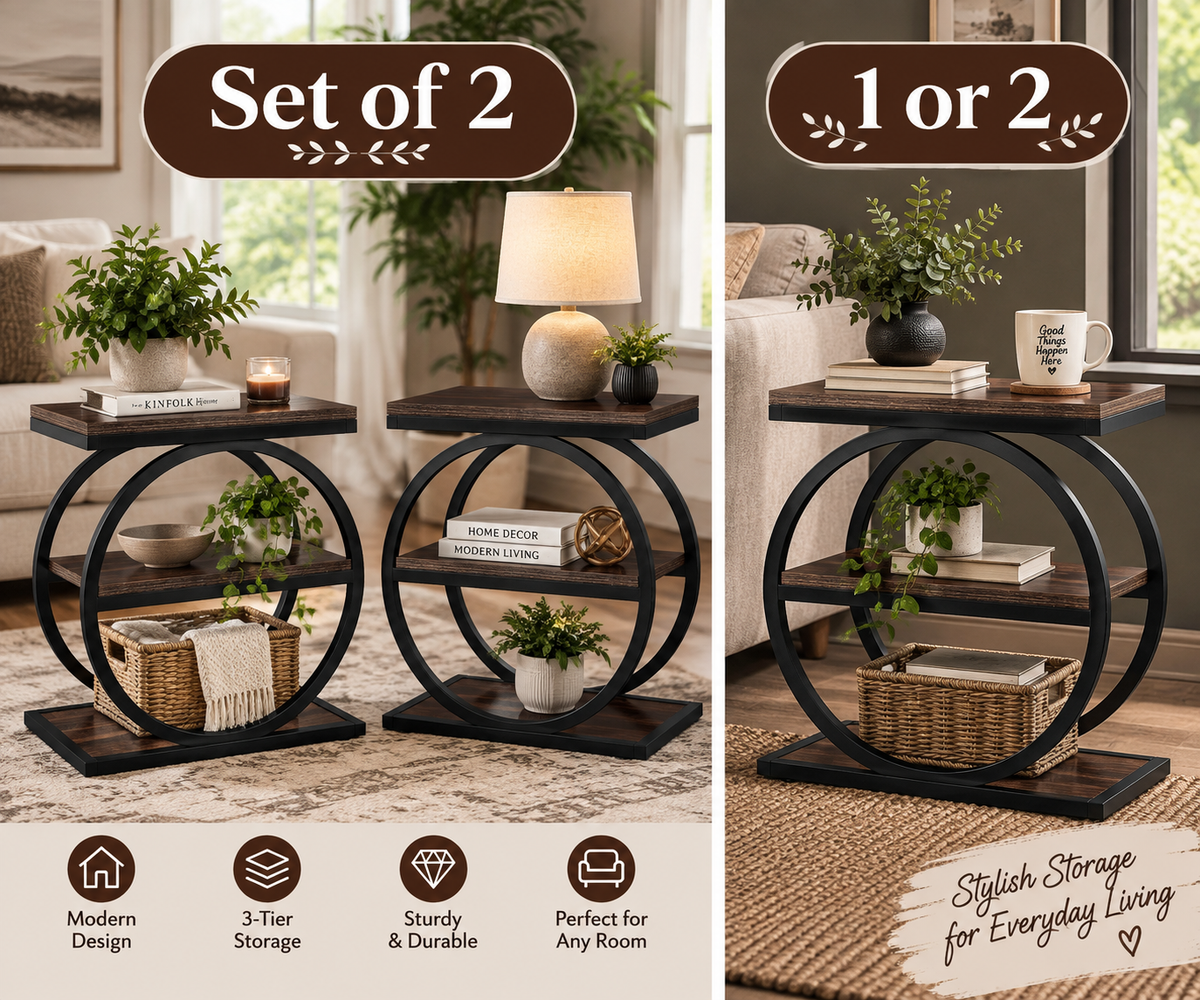 3-Tier End Table with Storage Shelves, Brown Wood & Black Metal Side Table for Living Room or Bedroom
