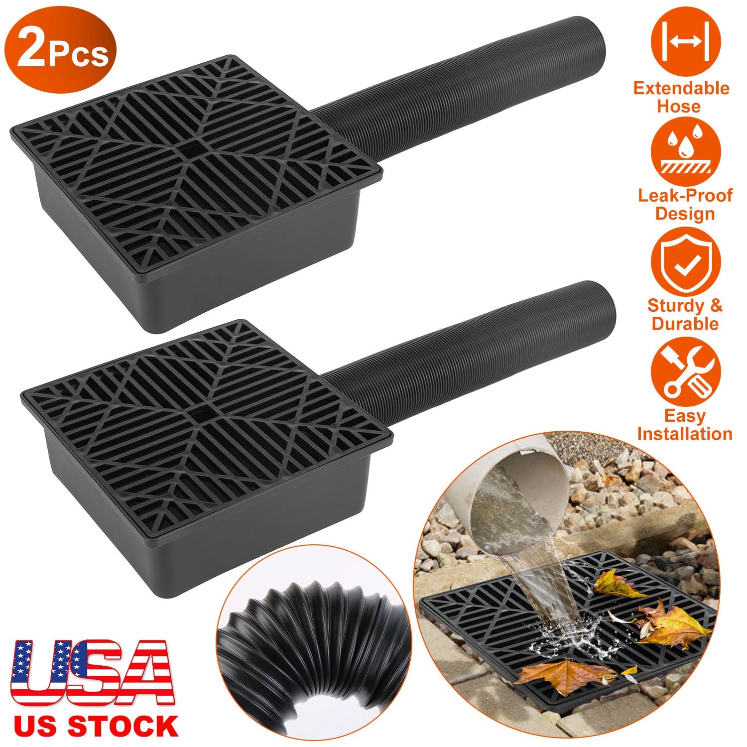 2Pcs Gutter Downspout Extension Low Profile No Deep Digging Catch Basin Downspout Extender with 4.9FT Flexible Extendable Hose For House Foundation Pr