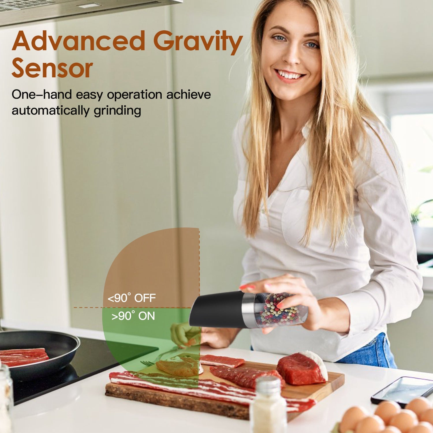 2Pcs Gravity Sensing Salt and Pepper Grinder Automatic Electric Salt Mill Grinder With Built-in LED Lights Adjustable Coarseness One Hand Operation Ba