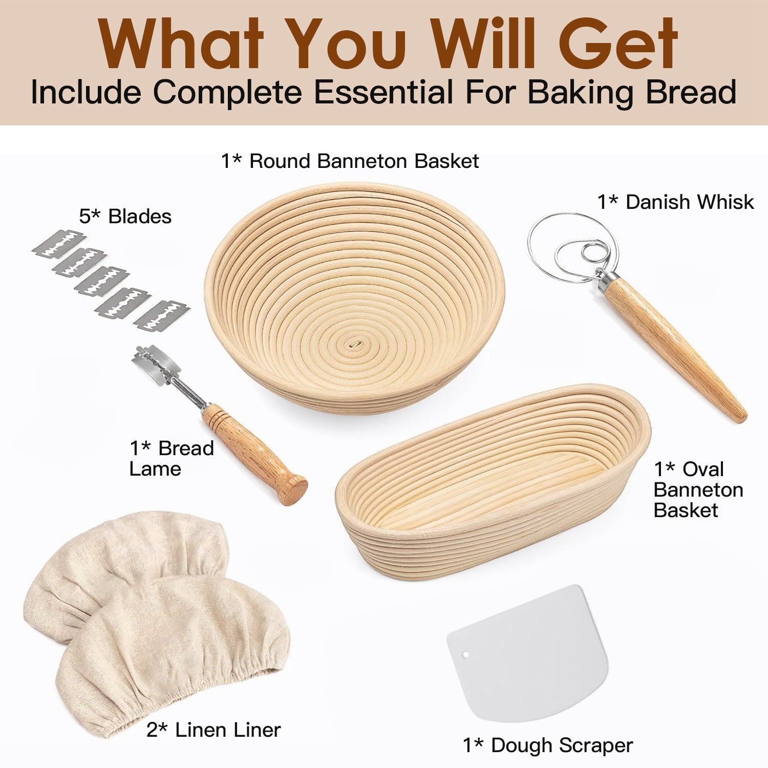 Complete Bread Baking Kit Banneton Proofing Basket Set 9In Round And 10In Oval Basket With Linen Liner Lame Dough Scraper Whisk