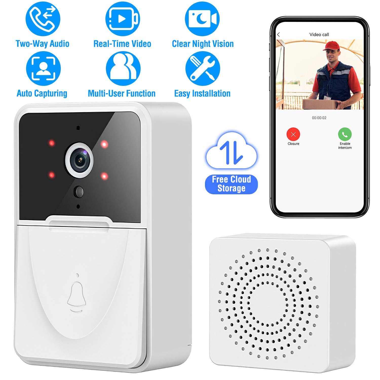 Smart Wireless Wi-Fi Video Doorbell Security Phone Door Bell Intercom Camera Door Bell Chime Two Way Audio Night Vision