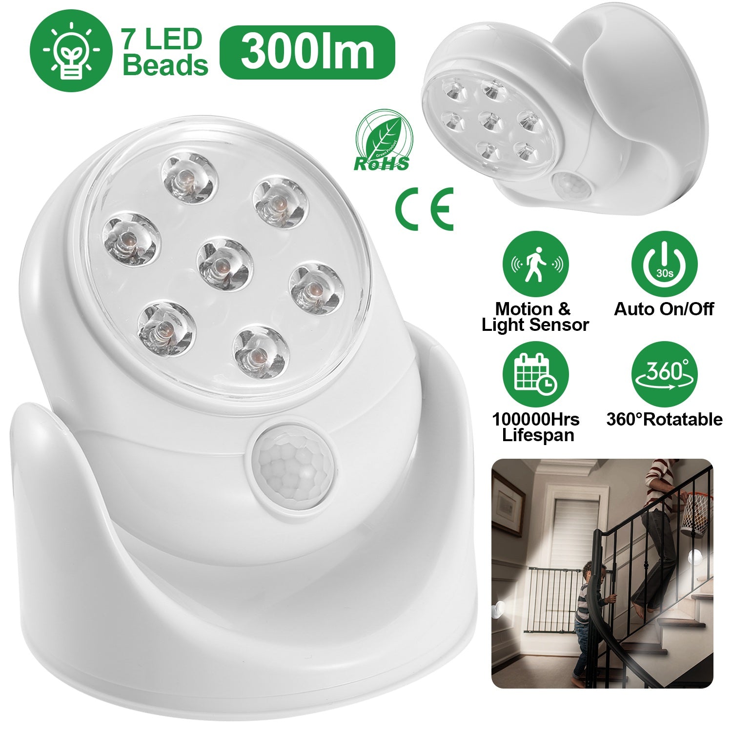 Wireless LED Spotlight 90 ° Motion Sensor Night Lamp 360°Rotate Cordless Stairs Lights Battery Operated w/23ft Sensing Range for Closet Bathroom