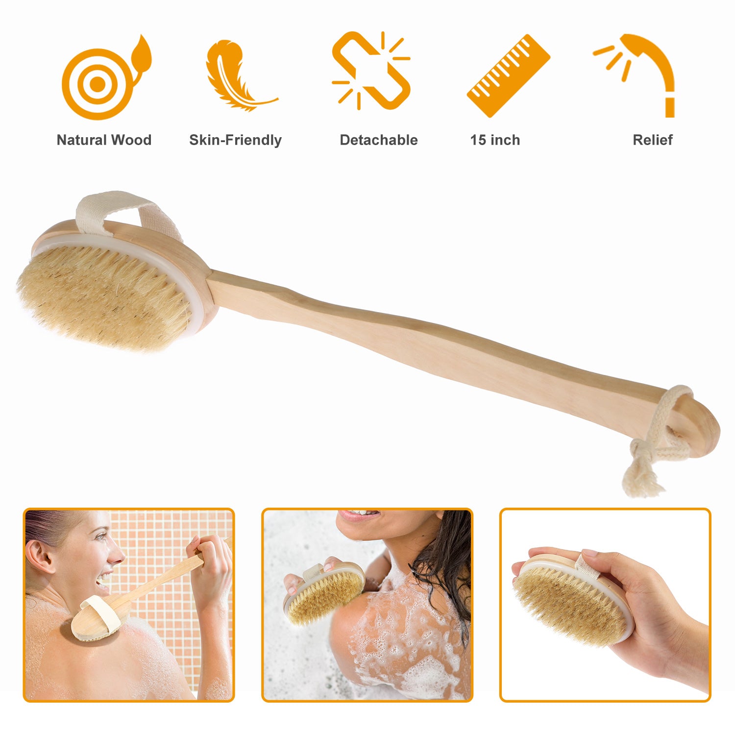 Bath Brush 15" Shower Body Back Scrubber with Long Handle Detachable Brush for Cellulite Exfoliating Detox