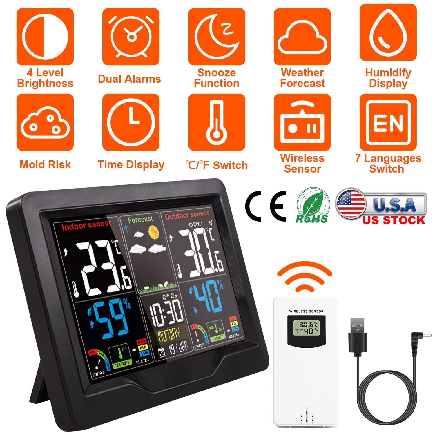 Electric Weather Station Snooze Alarm Clock Wireless Sensor Indoor Outdoor Thermometer Humidity Weather Forecast Temperature Frost Alert with Backligh