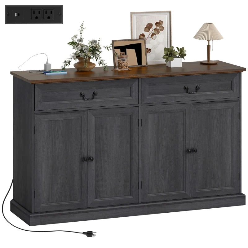55" Farmhouse Sideboard Buffet Cabinet with Charging Station, 2 Drawers and 2 Adjustable Shelves, Black Wood Grain