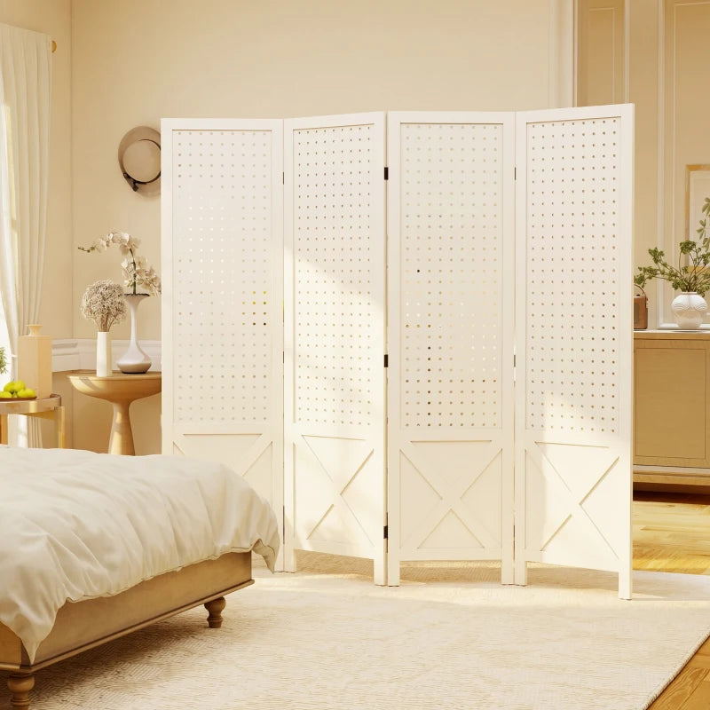 56.9" 4 Panel Wooden Room Divider with Pegboard Display, Folding Privacy Screen for Home Office, White