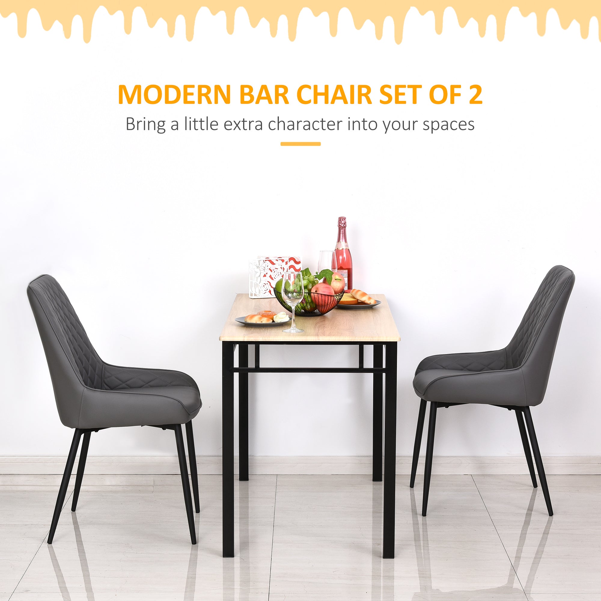 HOMCOM Mid-Century Dining Chair Pair: Grey PU Leather Padded Seats, Metal Legs, Modern for Kitchen Home Office