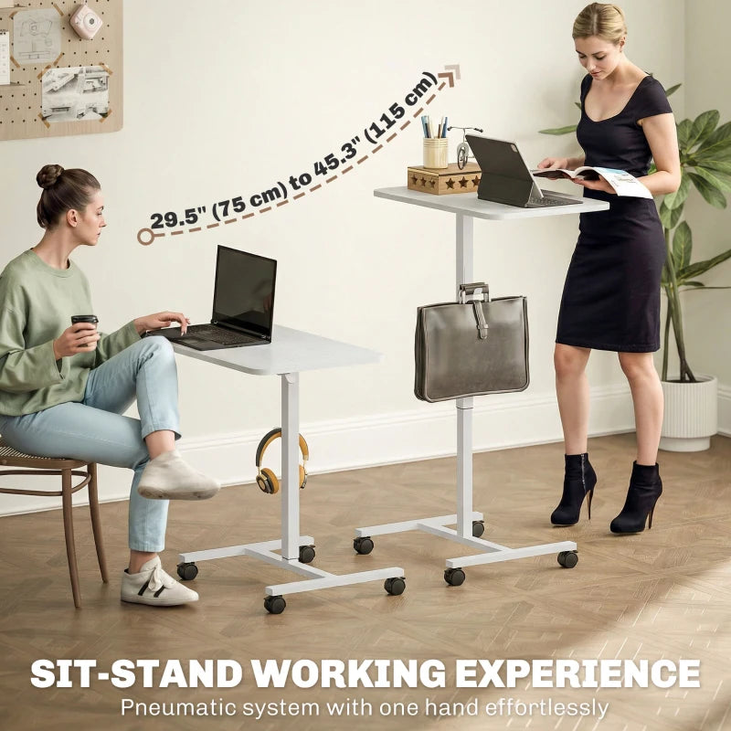 Height Adjustable Standing Desk, Pneumatic Sit Stand Desk with Wheels and Headphone Hook, White Wood Grain