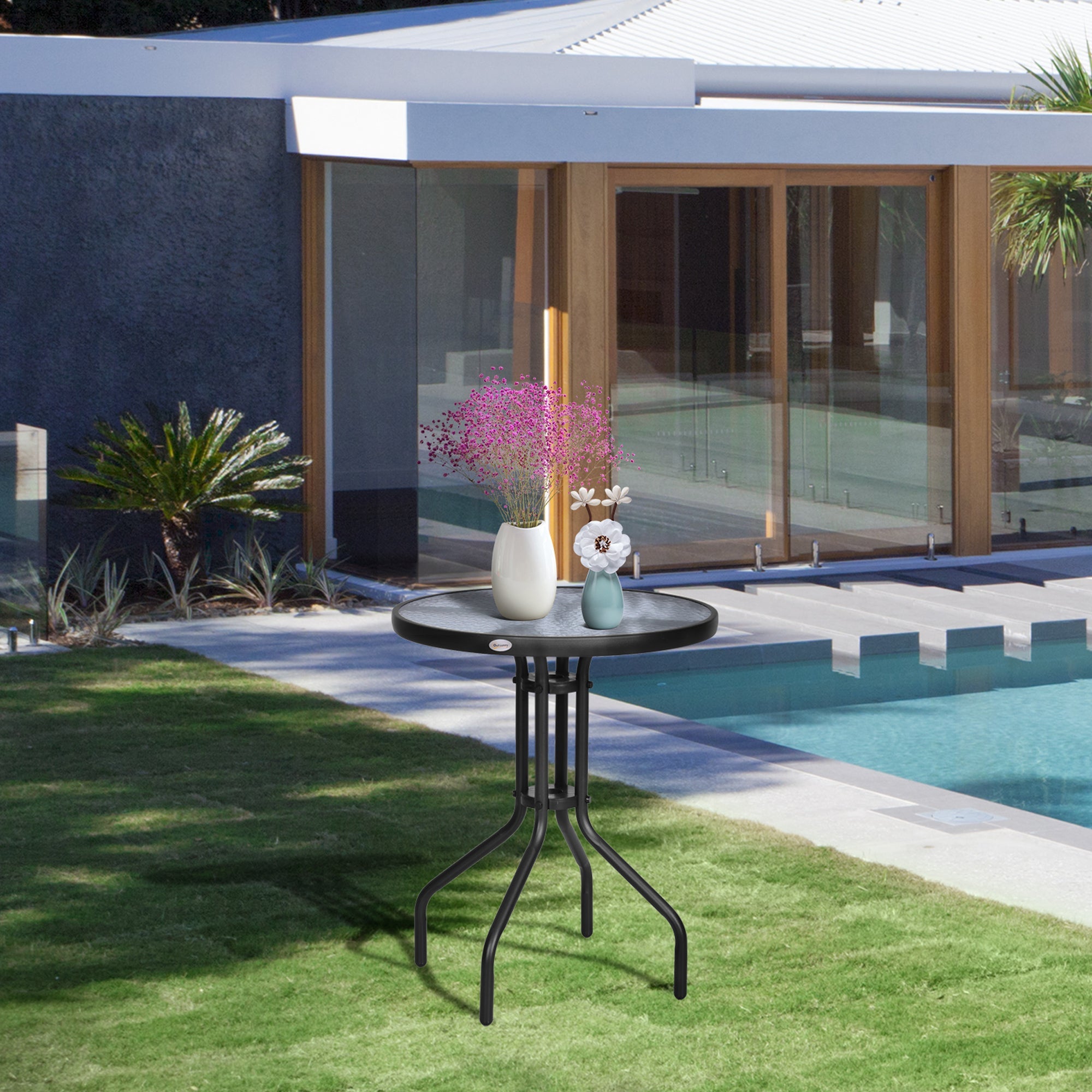 Outsunny 24" Patio Round Table with Tempered Glass Top Durable Outdoor Dining Steel Frame