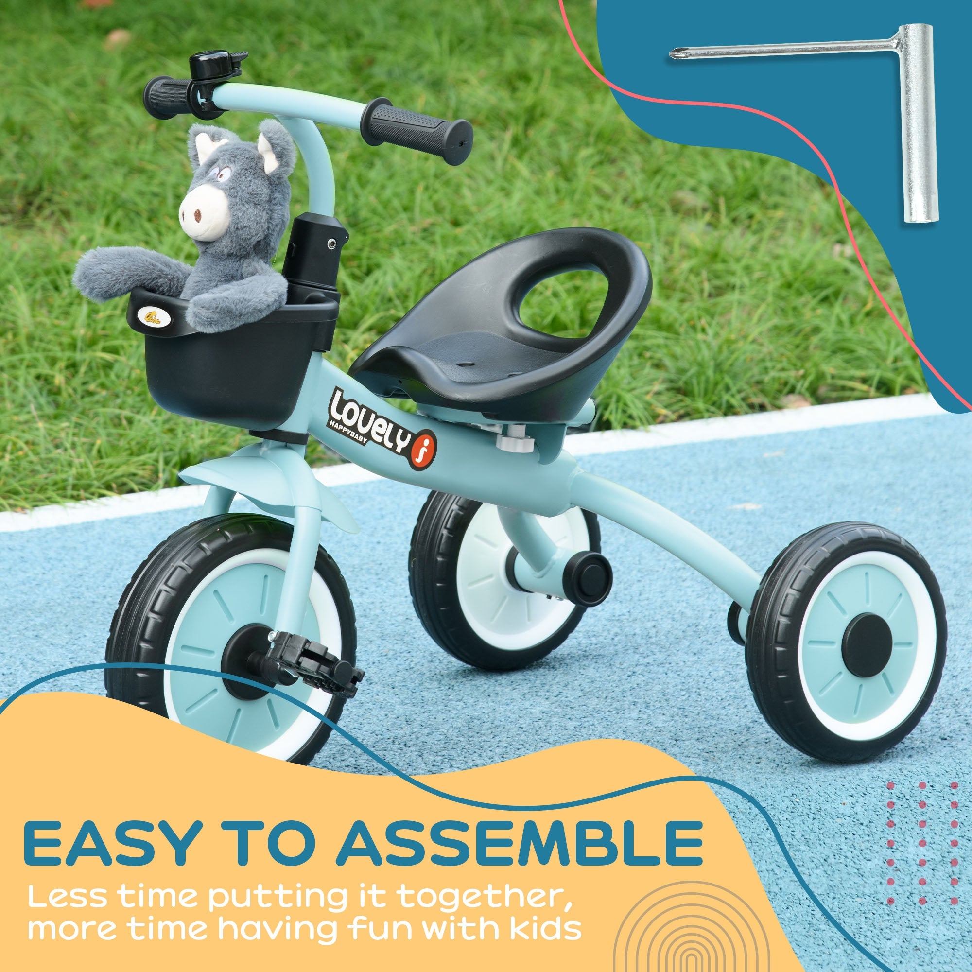 Qaba Kids Tricycle: Adjustable Seat 2-5 Years, Basket, Bell, for Girls/Boys, Blue, Toddler Trike