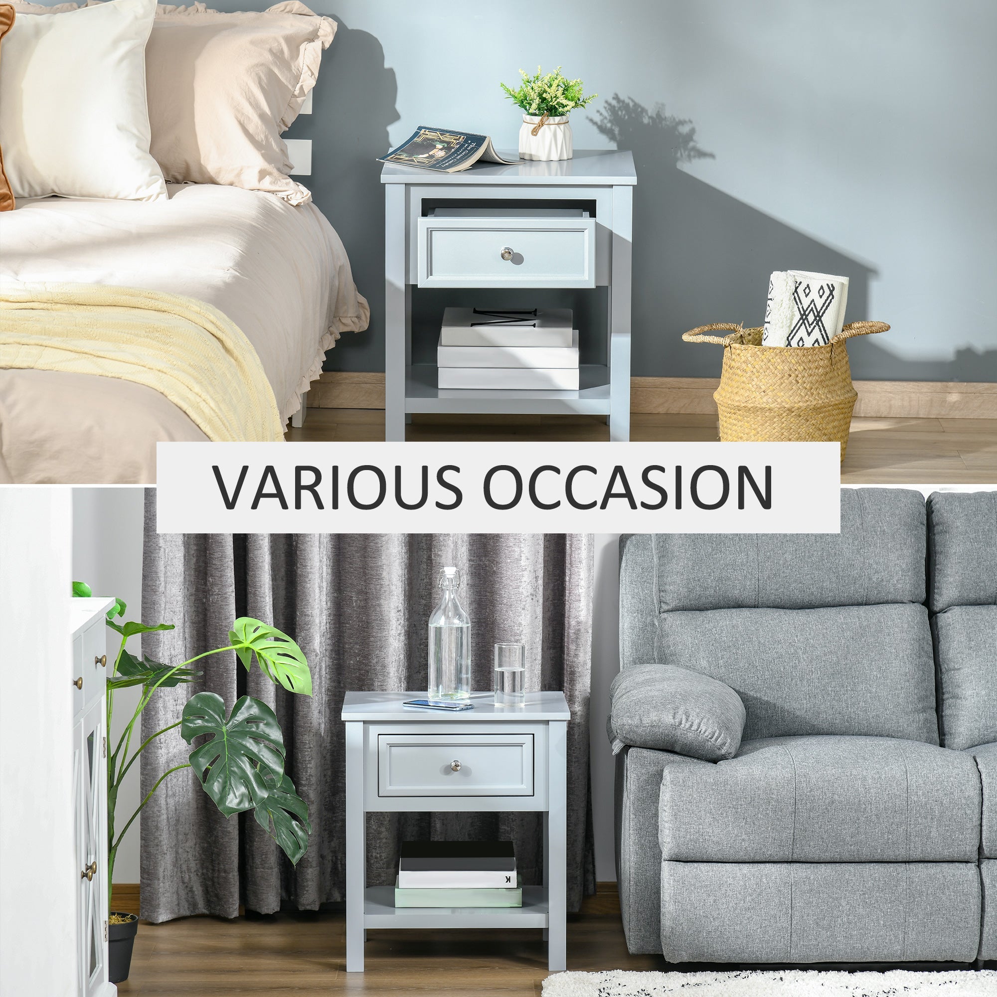 HOMCOM Chic Accent End Table Nightstand Side Table Drawer Storage Shelf Living Room Bedroom Furniture Grey