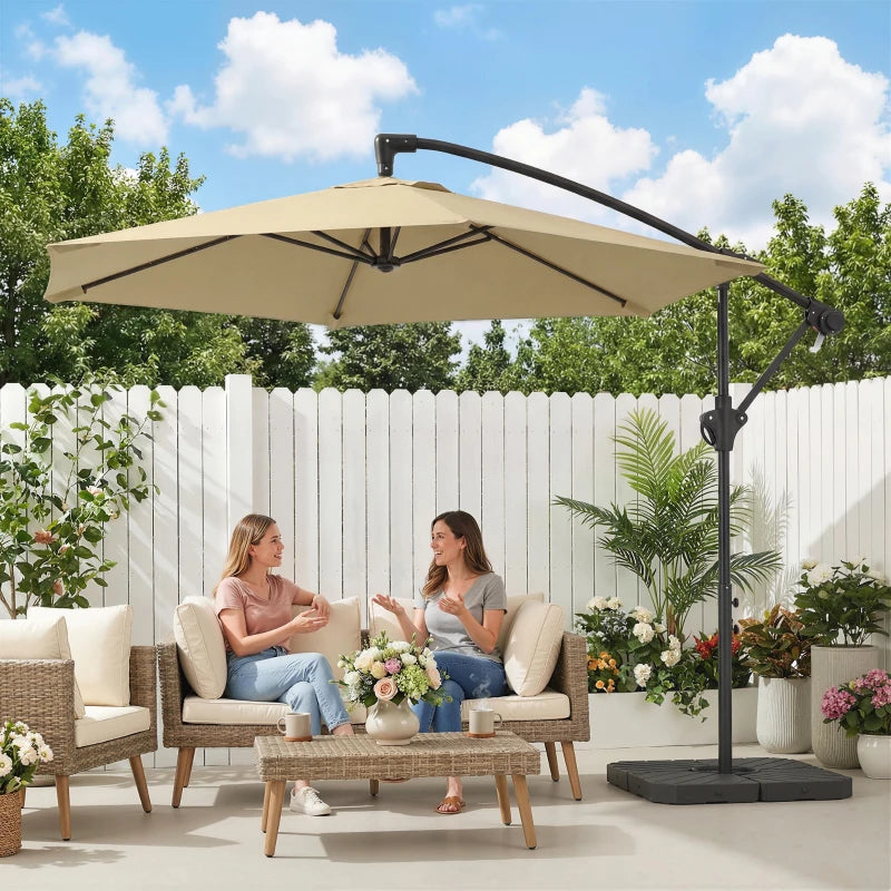 9.7 ft Offset Patio Umbrella with Water/Sand Fillable Weights, Garden Hanging Parasol with Locking Latch, Khaki