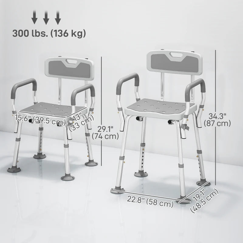 Adjustable Shower Chair with Arms Back and Padded Seat, Light Grey