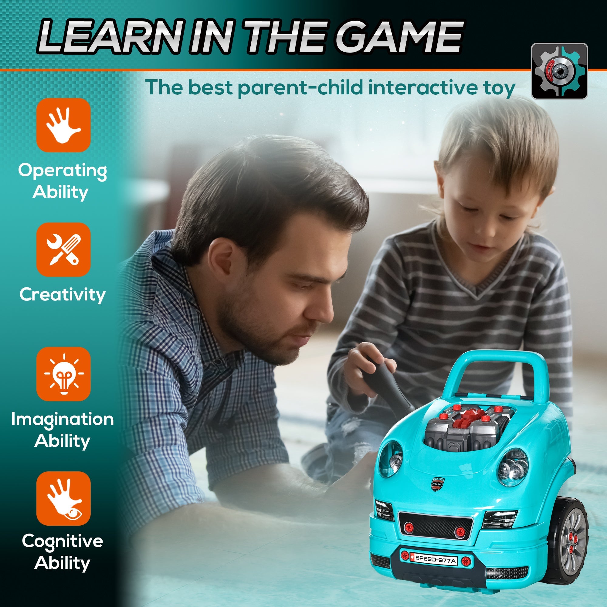 Qaba Kids Mechanic Truck Engine Repair Toy Set Car Service Teal Playset with Tools for Pretend Play