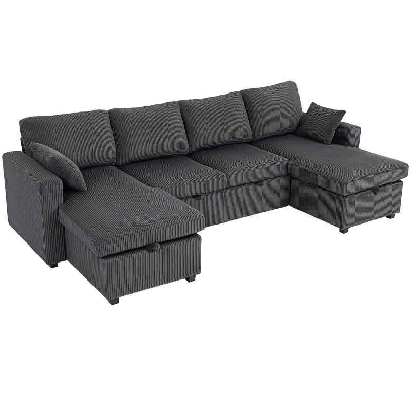 U-Shaped Convertible Sofa Bed with Storage Chaises – Dark Grey Corduroy Sleeper Couch with Pocket Springs & Pillows