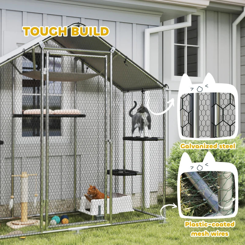 Large Catio Outdoor Cat Enclosure with Waterproof Cover, Walk-in Cat Patio w/ 5 Adjustable Platforms & Hammock
