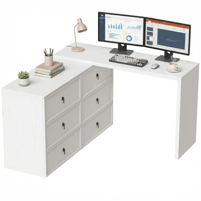 L Shaped Computer Desk Home Office Desk with 6 Drawers White Wood Grain