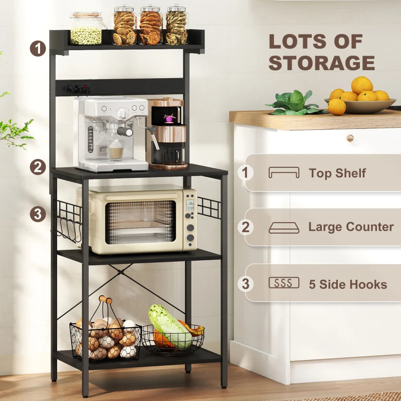 Kitchen Baker's Rack with Power Outlet, Coffee Bar Station with Adjustable Shelves and Hooks, Distressed Black